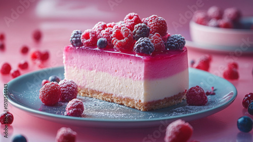 A slice of pink and white cheesecake with raspberries on top