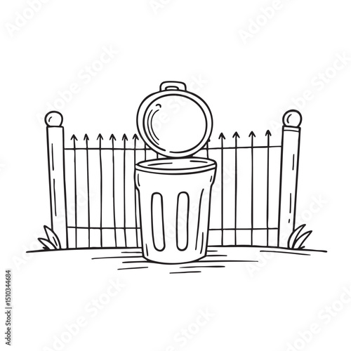 A lidless trash bin placed before a fence gate