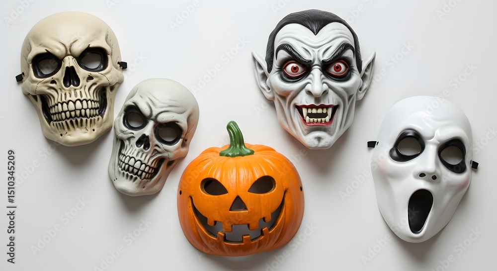 Collection of Halloween masks skull, pumpkin, vampire, and ghost, arranged in flat lay on white Collection of Halloween masks skull, pumpkin, vampire, and ghost, arranged in flat lay on white