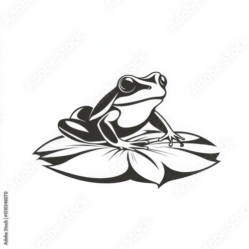 A detailed, black and white illustration depicts a frog resting peacefully on a lily pad.