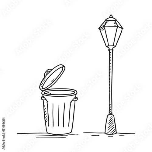 A trash bin under a streetlamp with its lid completely open