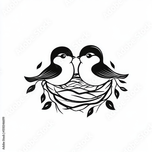 A loving pair of birds in a nest, a charming illustration of affection and togetherness.
