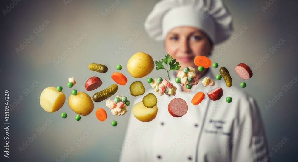 Obraz premium Female chef with floating vegetables and meats in focus