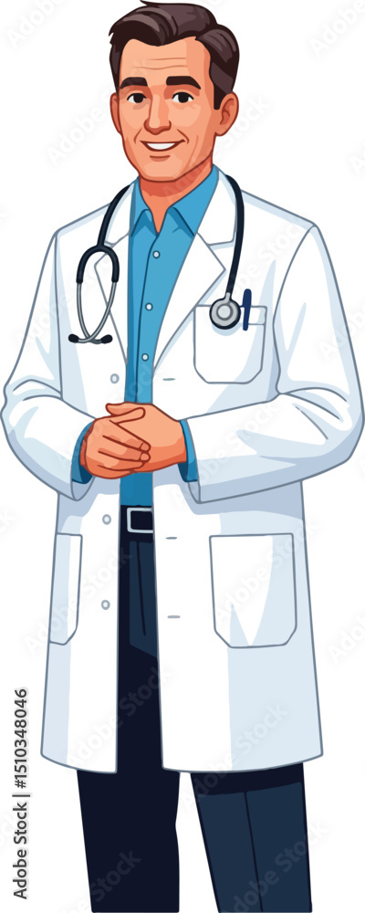 a primary care doctor isolated on a white background. The doctor is depicted as a middle-aged man with a friendly and approachable expression, wearing a crisp white lab coat a primary care doctor isolated on a white background. The doctor is depicted as a middle-aged man with a friendly and approachable expression, wearing a crisp white lab coat