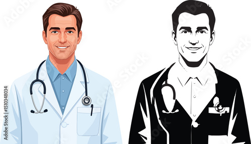 a general practitioner, black and white isolated on a white background. The doctor is depicted in a friendly and approachable manner, wearing a crisp white coat and a stethoscope