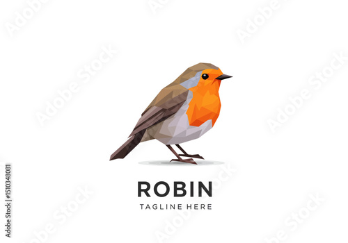 Low Poly European Robin Bird with Orange Breast and Brown Feathers