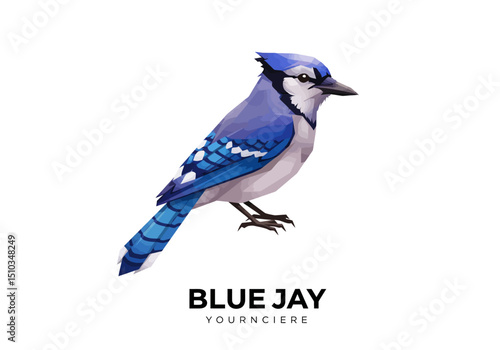 LowPoly Style Blue Jay Bird Illustration with Detailed Plumage