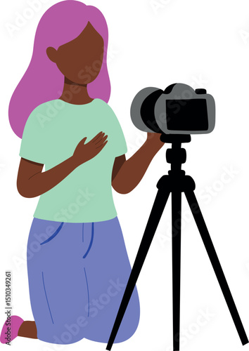 Girl filming a Vlog- young female blogger talking to the camera on a tripod