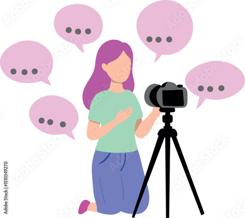 Girl filming a Vlog- young female blogger talking to the camera on a tripod, with speech bubbles 