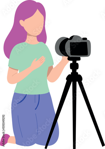 Girl filming a Vlog- young female blogger talking to the camera on a tripod