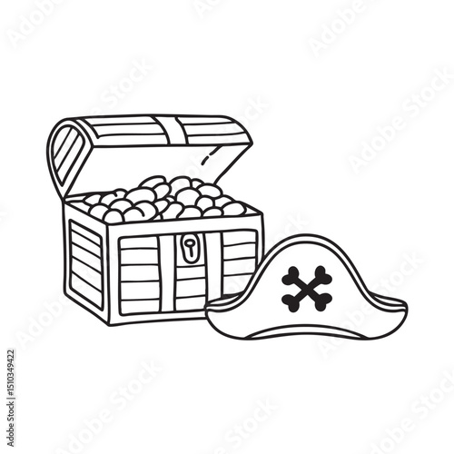 A treasure chest placed next to a crossbone pirate hat