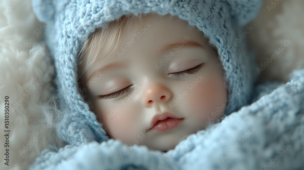 Realistic reborn baby sleeping wrapped in a soft blue blanket, serene expression and rosy cheeks, detailed skin texture and fine hair Realistic reborn baby sleeping wrapped in a soft blue blanket, serene expression and rosy cheeks, detailed skin texture and fine hair