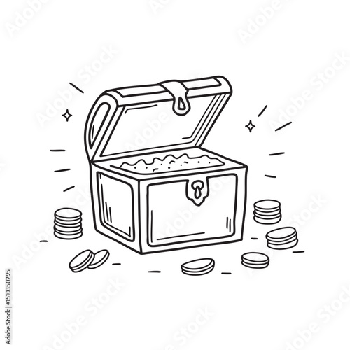A treasure chest with its lid wide open, coins scattered beside it