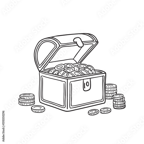A treasure chest with coins scattered around and lid flipped open