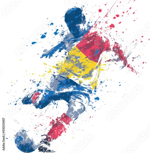 A bold soccer player kicking a ball with colorful paint splashes, perfect for trendy kids' and teens' apparel.
