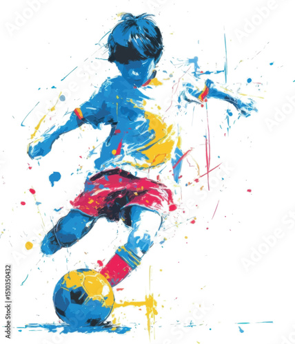 A playful soccer player with vibrant paint splashes, designed for cool and creative kids' and teens' clothing prints.