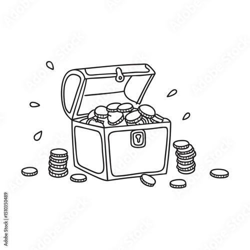 An open treasure chest with scattered coins at its base