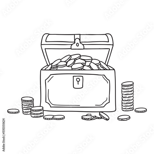 Scattered coins lying next to a treasure chest with open lid