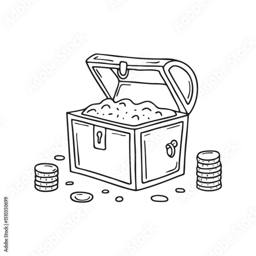 A chest filled with coins, lid open and coins around it