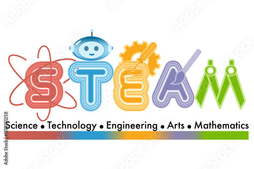 Creative STEAM Typography with Atom, Robot Head, Gear, Paintbrush, and Compass,  Ideal for School Projects, Teaching Resources, and Kids Learning