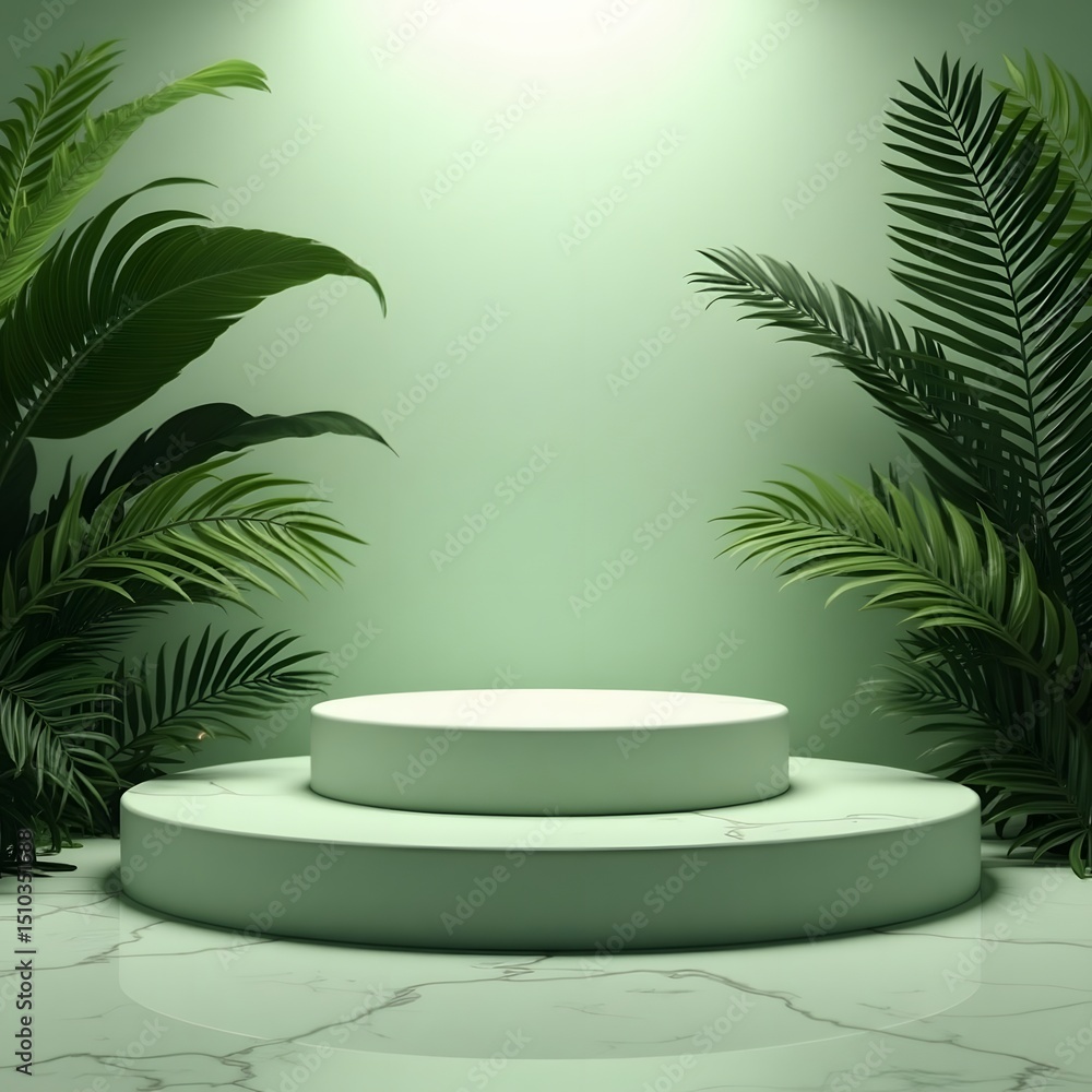 Elegant green podium with tropical leaves for product presentation and display, a botanical and minimal scene with marble background Elegant green podium with tropical leaves for product presentation and display, a botanical and minimal scene with marble background