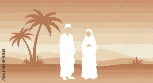A person is performing the ritual of "Ramī al-Jamarāt" (stoning of the devil) during Hajj. The stone structure is depicted with a person throwing stones towards it in a desert-like setting.