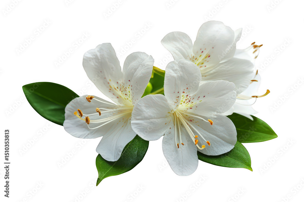Obraz premium White rhododendron flowers with green leaves isolated on transparent background