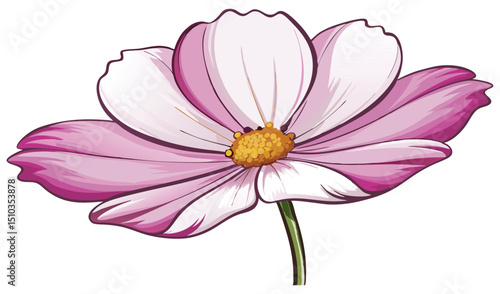Detailed Illustration of a Pale Pink Cosmos Flower with a Yellow Center and Green Stem