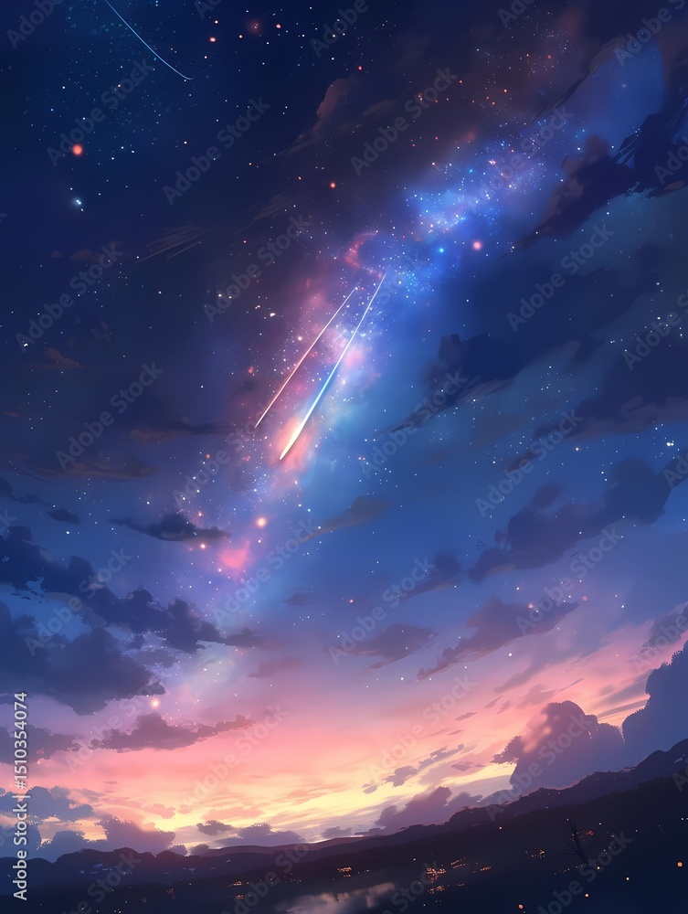 Fototapeta premium Serene anime night scene under star filled sky with shooting star reflected in water