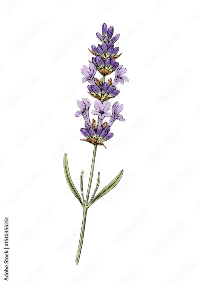 A lavender flower blossom illustration featuring detailed purple flowers and green stem on a softtoned background A lavender flower blossom illustration featuring detailed purple flowers and green stem on a softtoned background