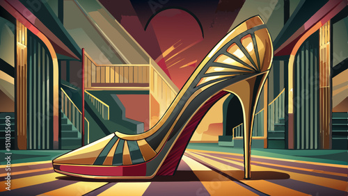 A spy stiletto heel in a metallic gold finish channeling the gl and decadent vibe of Art Deco interior decor.