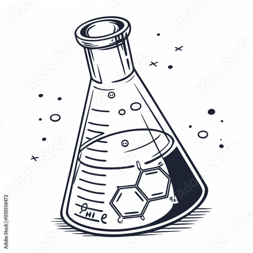 Illustrated laboratory beaker with molecular structure depicting chemistry and scientific research concept