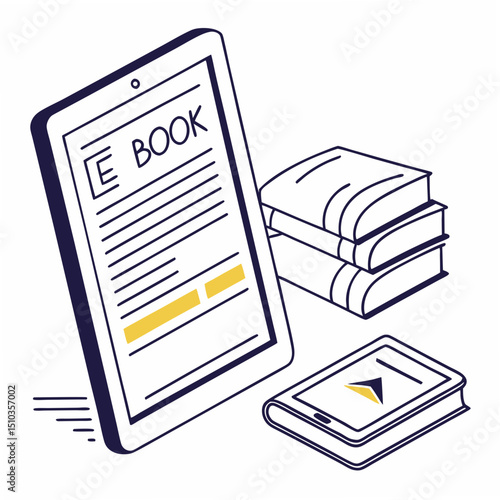 Modern vector illustration of ebook reader and digital book with stacked traditional books suitable for digital reading.
