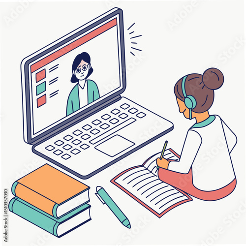 Online learning illustration featuring a student attending a video conference and taking notes suitable for designs