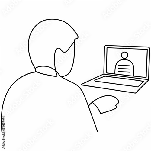 Person engaging in a video conference call depicted through simple black outline on white background