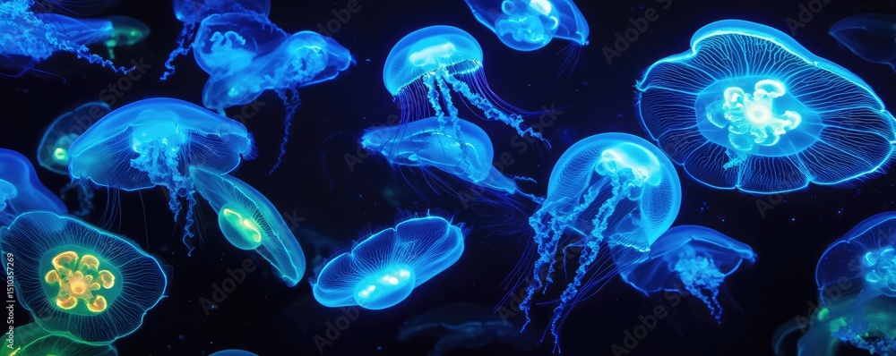 Glowing Jellyfish in Deep Ocean Glowing Jellyfish in Deep Ocean