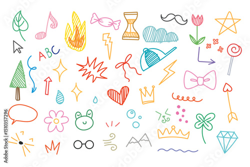Crayon fun cute kid colorful line art doodle set badge, scribble line flower, background. Hand drawn doodle sketch childish element set. Flower, bơ, cloud children draw style design elements, Pattern