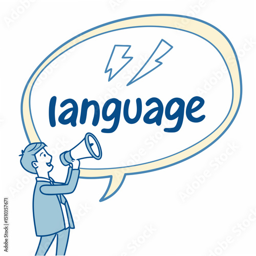 A businessman using a megaphone to announce the word language illustrated in a speech bubble with transparent background