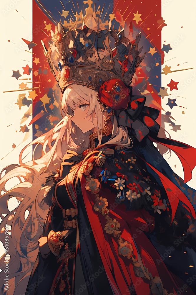 Fototapeta premium Anime style illustration of a regal figure with crown and cape standing against a starry sky, flowing white hair, fantasy art