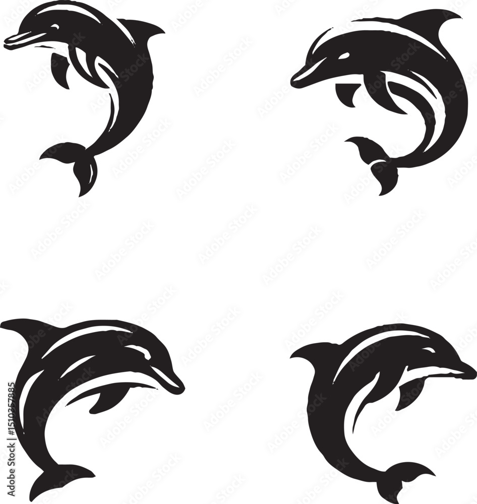 Fototapeta premium Black and White Stylized Dolphin Illustrations in Dynamic Poses