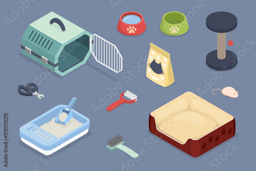 Cat accessories set. Plastic carrying transporter, bed, food, nail clipper, slicker brush, toy mouse, scratching post and toilet  for a pet. Cartoon 3d flat isometric vector illustration.