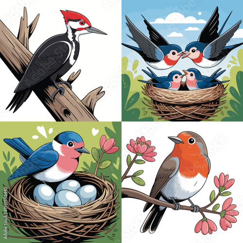 Colorful Bird Illustrations Woodpecker, Swallows, Bluebird, Robin