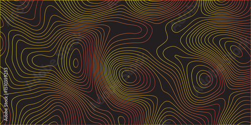  An abstract topographic map pattern featuring flowing, organic contour lines with a warm gradient from red to orange and yellow, set against a dark, possibly black, background, creating a vibrant.