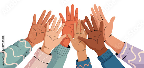 Diverse Hands Raised in Unity and Teamwork Collaboration