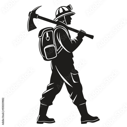 Black silhouette of firefighter standing with confidence transparent background, silhouette