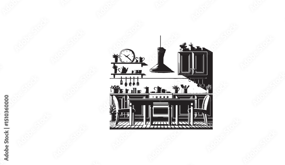 Obraz premium a black-and-white kitchen a white background in a straightforward and inconspicuous vector silhouette