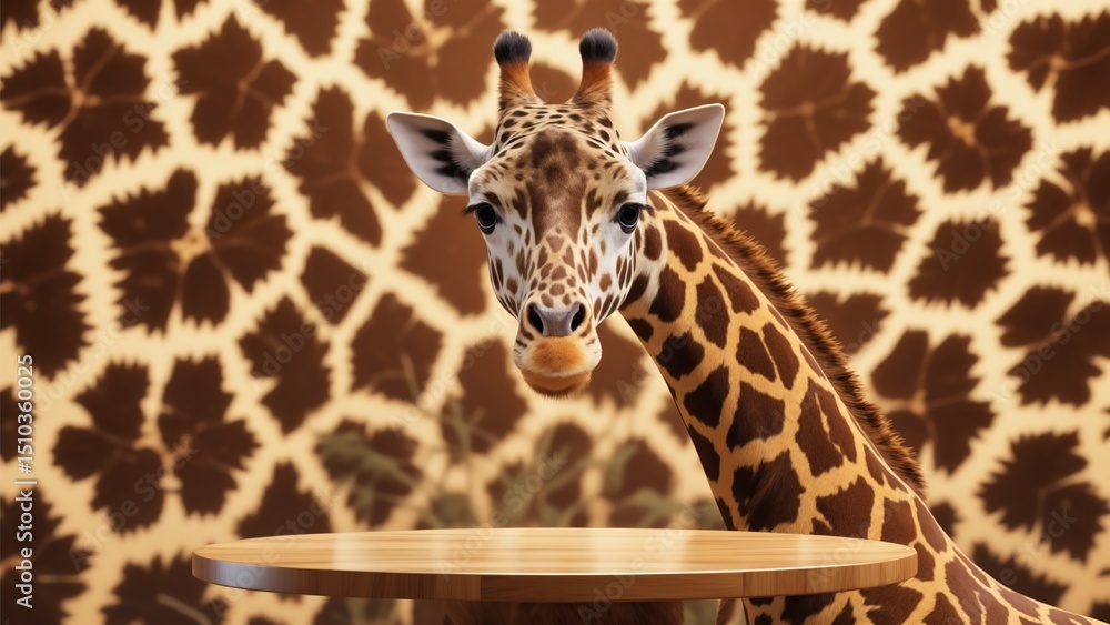 Naklejka premium Giraffe with Patterned Neck, Gazing at Golden Podium Mockup for Cosmetics, Products, Perfumes or Jewelry Against Matching Patterned Background