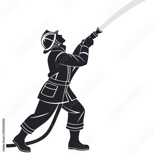 Firefighter aiming hose upward black body white style transparent background, silhouette