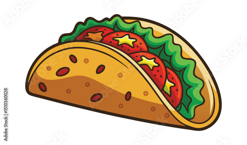 Cartoon Taco with Lettuce, Tomatoes, and Star Decorations in a Crispy Yellow Shell