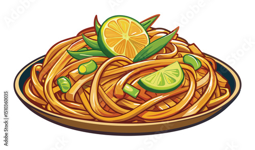Cartoonish Chow Mein Noodles on Dish Garnished with Lime and Green Onions